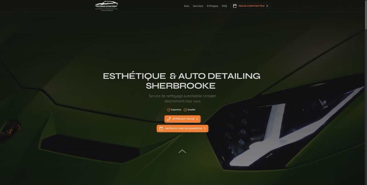 Page d’accueil du site web d’Aestorm Esthétique, esthétique automobile à Sherbrooke