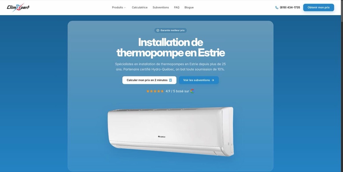 Page d’accueil du site web de ClimXpert, installateur de thermopompes en Estrie