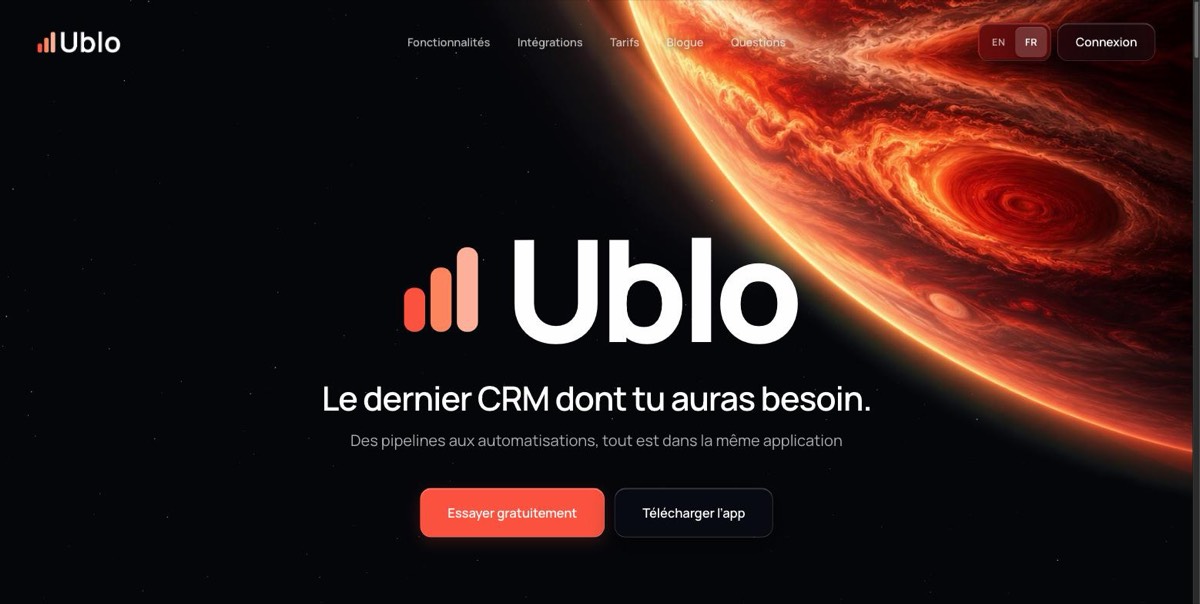 Page d’accueil du site web d’Ublo, CRM conçu par DuplexWeb